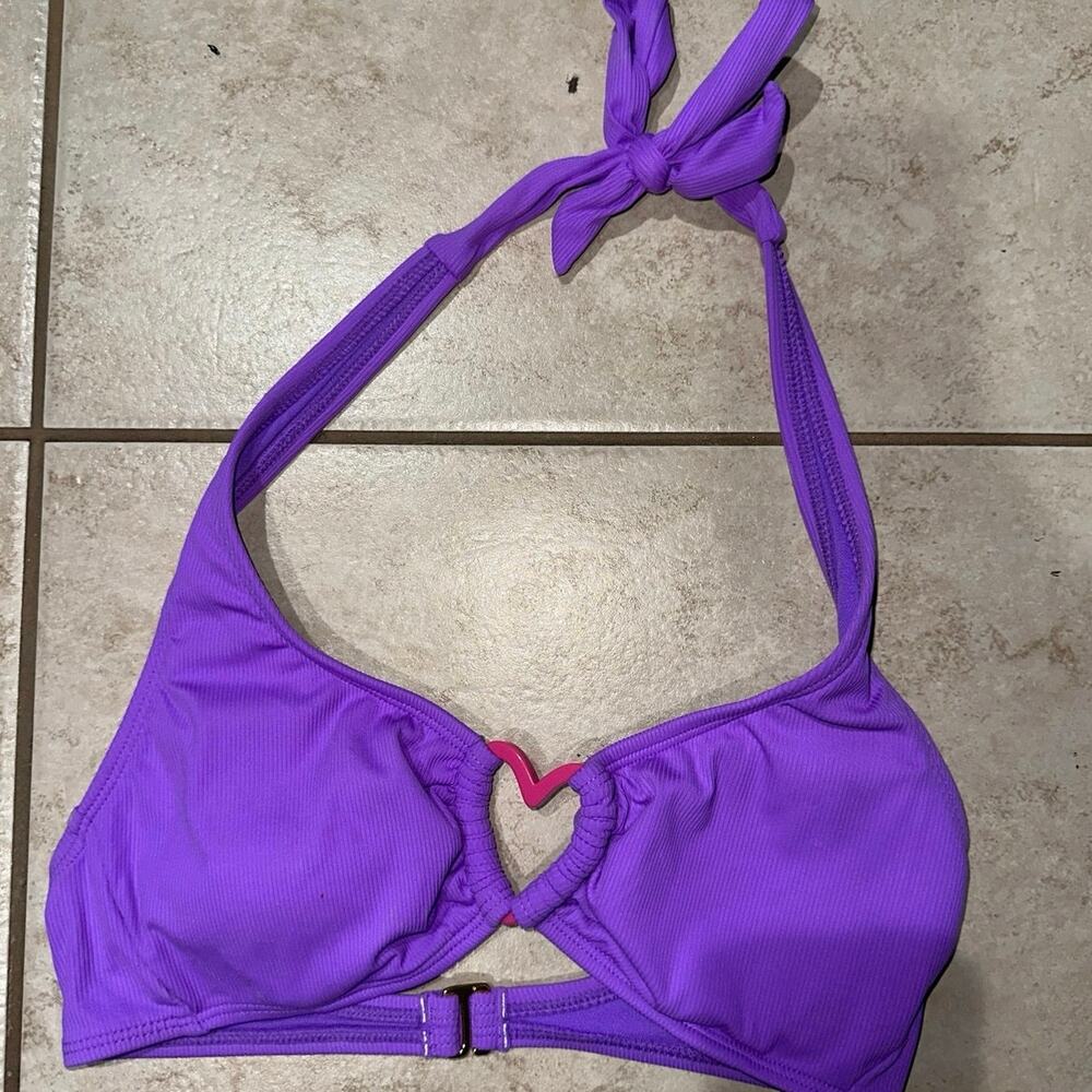 Wild Fable Juniors Purple Ribbed Bikini Top Size S (4-6) Pink Heart Detail